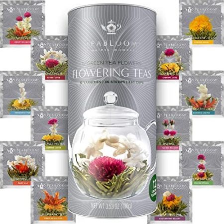 Teabloom Flowering Tea Gift Set - 12 Unique Blooming Tea Flowers - Hand-Tied Green Tea Leaves & Edible Flowers - Gift Canister - 36 Steeps, Makes 250 Cups