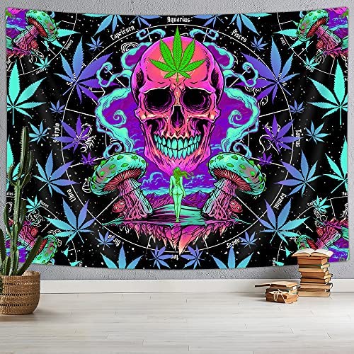 Trippy Skull Weed Tapestry Constellation Astrology Tapestry, Cool Psychedelic Cannabis Marijuana Leaf Mushroom Tapestry for Men, Stoner Hippie Tarot Witchy Aesthetics Tapestry for Bedroom (60X40)